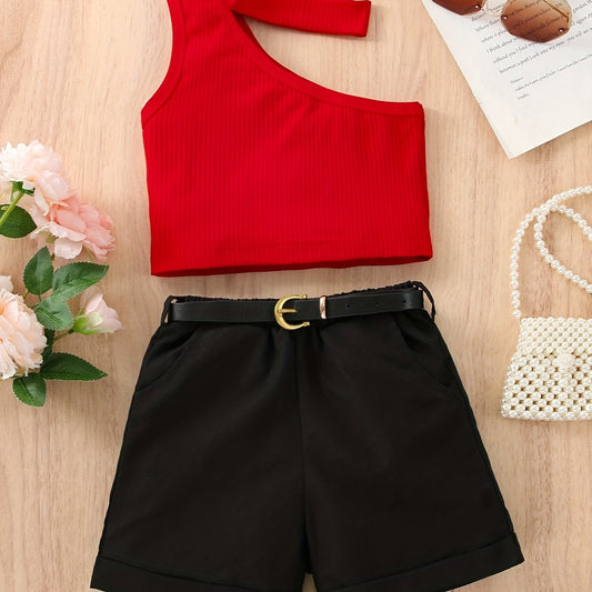 Girls Y2K Ribbed Top & Shorts Set for Summer Holiday Party