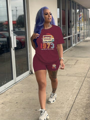 1973 Print Two-piece Set Crew Neck Tee & Slim Shorts Outfit Women's Clothing