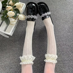 Heart Pattern Calf Socks Lace Trim Knee High Socks Women's Stockings