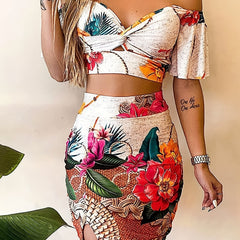 Floral Print Two piece Skirt Set Crop Sweetheart Neck Top & High Waist