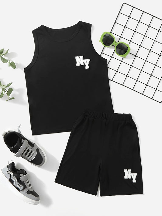 Boys NY Letter Graphic Tank Top & Shorts Set Kids Summer Clothes