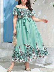 Women's Plus Floral Maxi Dress Off Shoulder With Belt