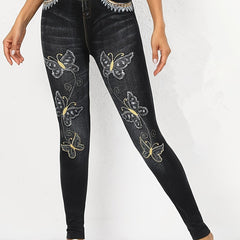  Denim & Butterfly Print High Rise Leggings