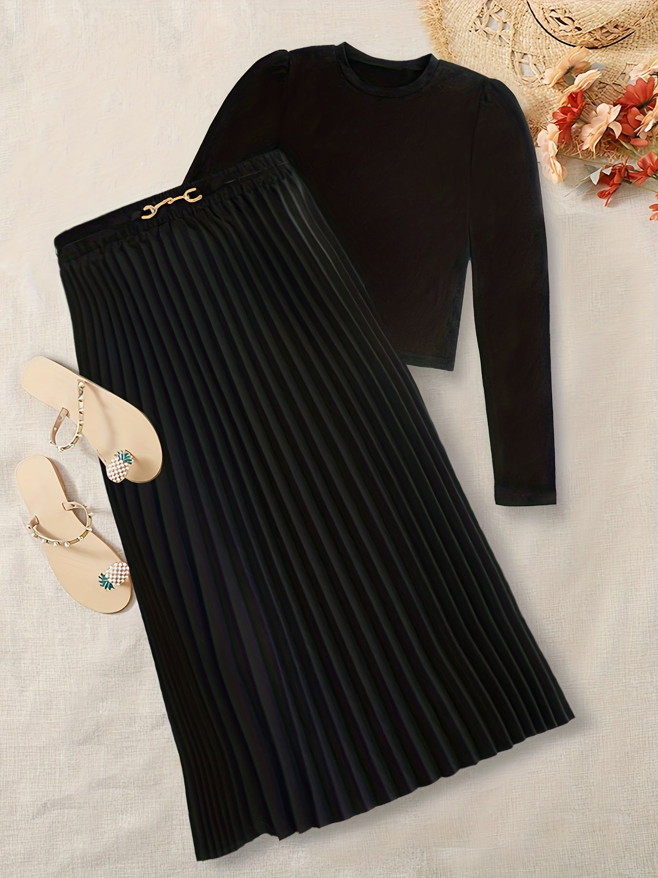 Solid Two piece Set Crew Neck Long Sleeve Tops & Pleated Skirts