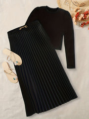 Solid Two piece Set Crew Neck Long Sleeve Tops & Pleated Skirts