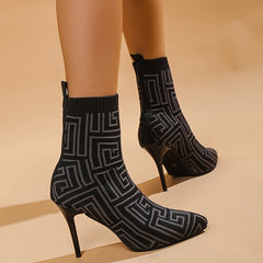 Women's Geometric Pattern Stretch Boots Pointed Toe High Heels
