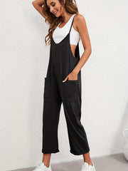 Boho Spaghetti Solid Pockets Jumpsuit Casual Sleeveless Long Length Wide Leg