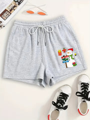 Women's Plus Snowman Print Drawstring Elastic Waist Shorts