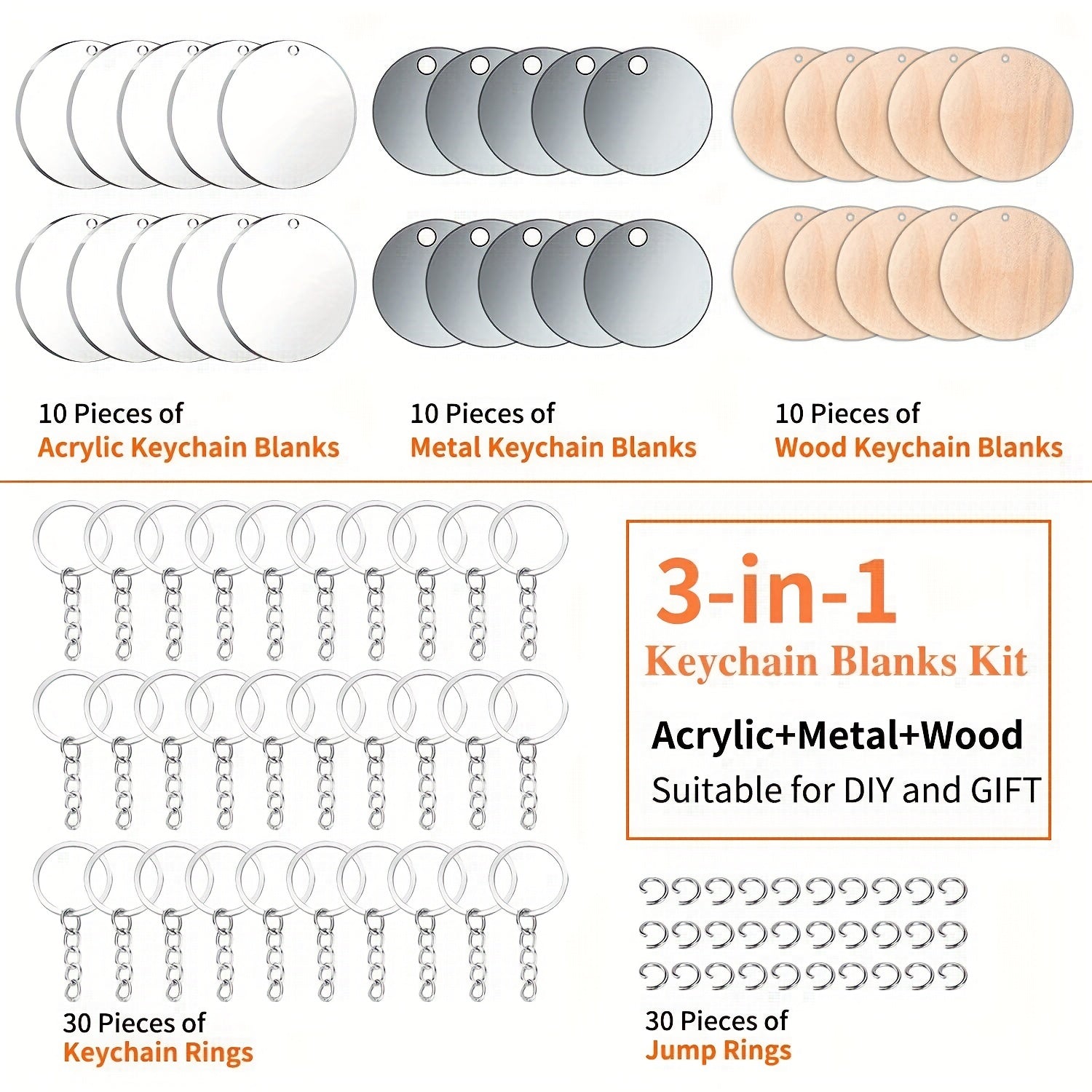 90PCS Sublimation Blanks Kit Keychain Stainless Steel Metal Blank Wood Blank Acr