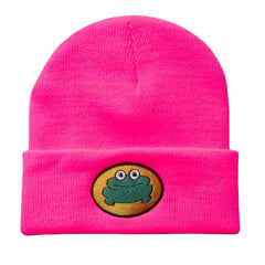 Cartoon Frog Embroidery Beanie Hat Warm Unisex Ski Cap