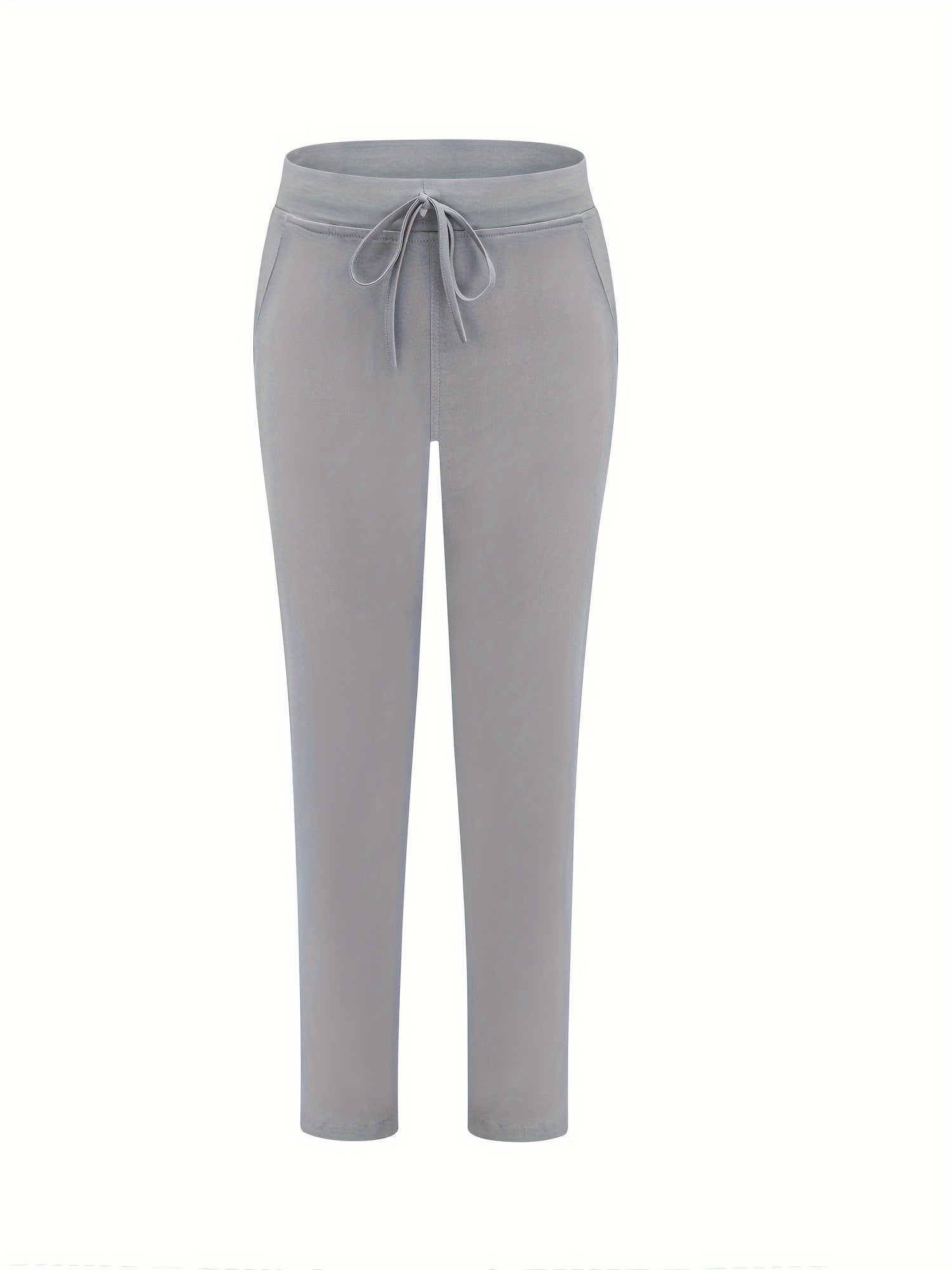  Solid Elastic High Rise Trousers With Pockets