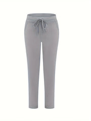  Solid Elastic High Rise Trousers With Pockets