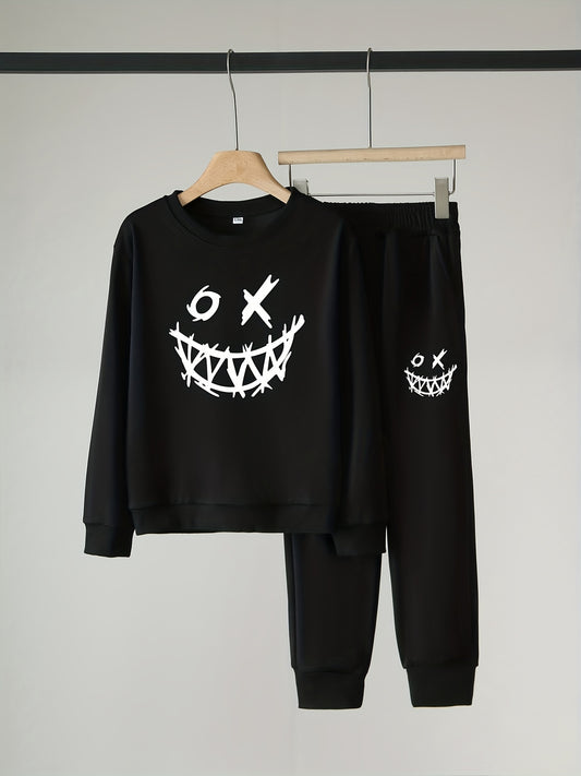 Funny Face Pattern Boy's 2pcs Sweatshirt & Sweatpants Set Halloween Style