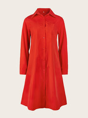 Solid Pocket Dress Long Sleeves V neck Mid length Dress