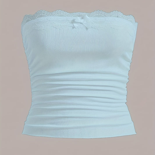  Ribbed Lace Trim Tube Top