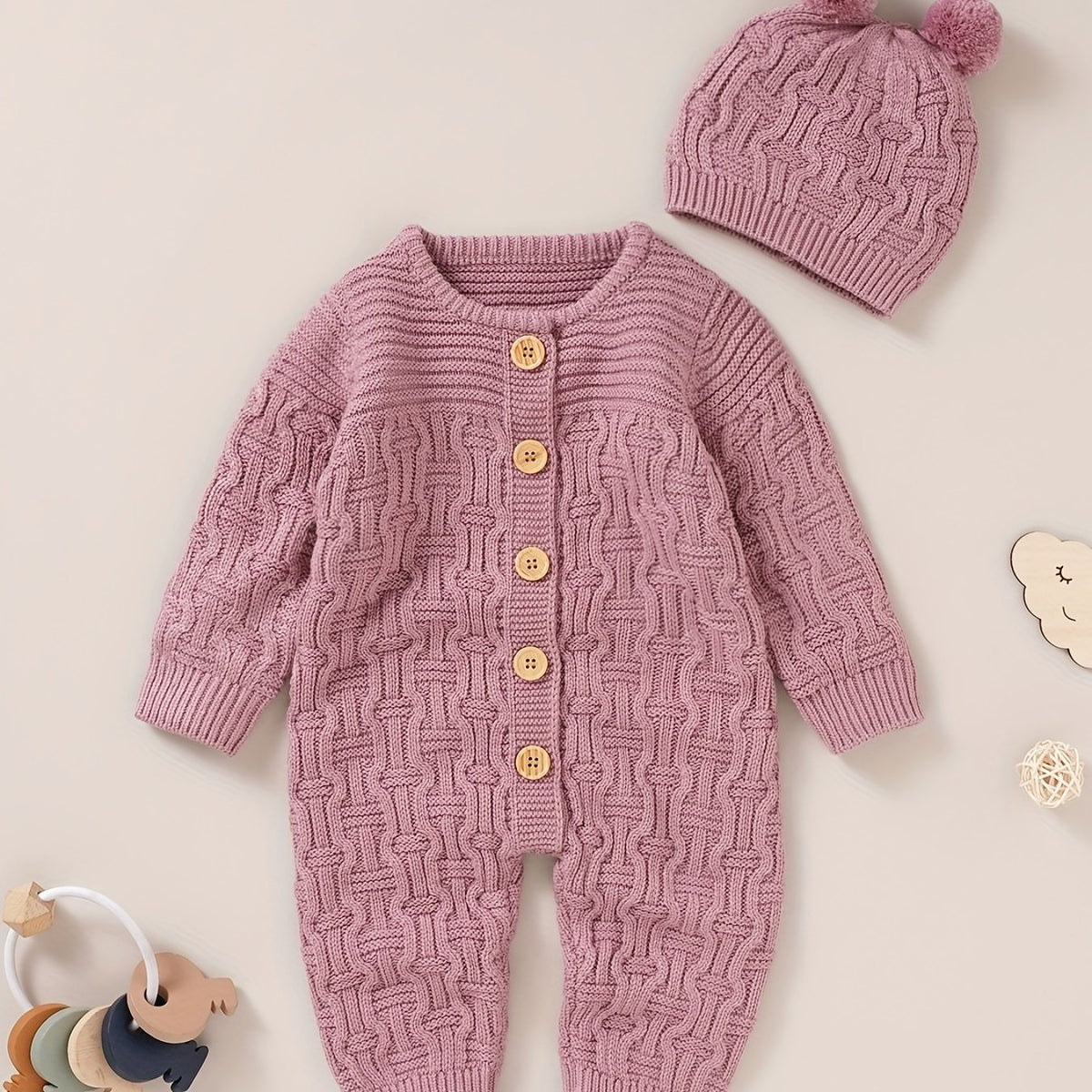 Newborn Knitted Sweater Jumpsuit Hat Set