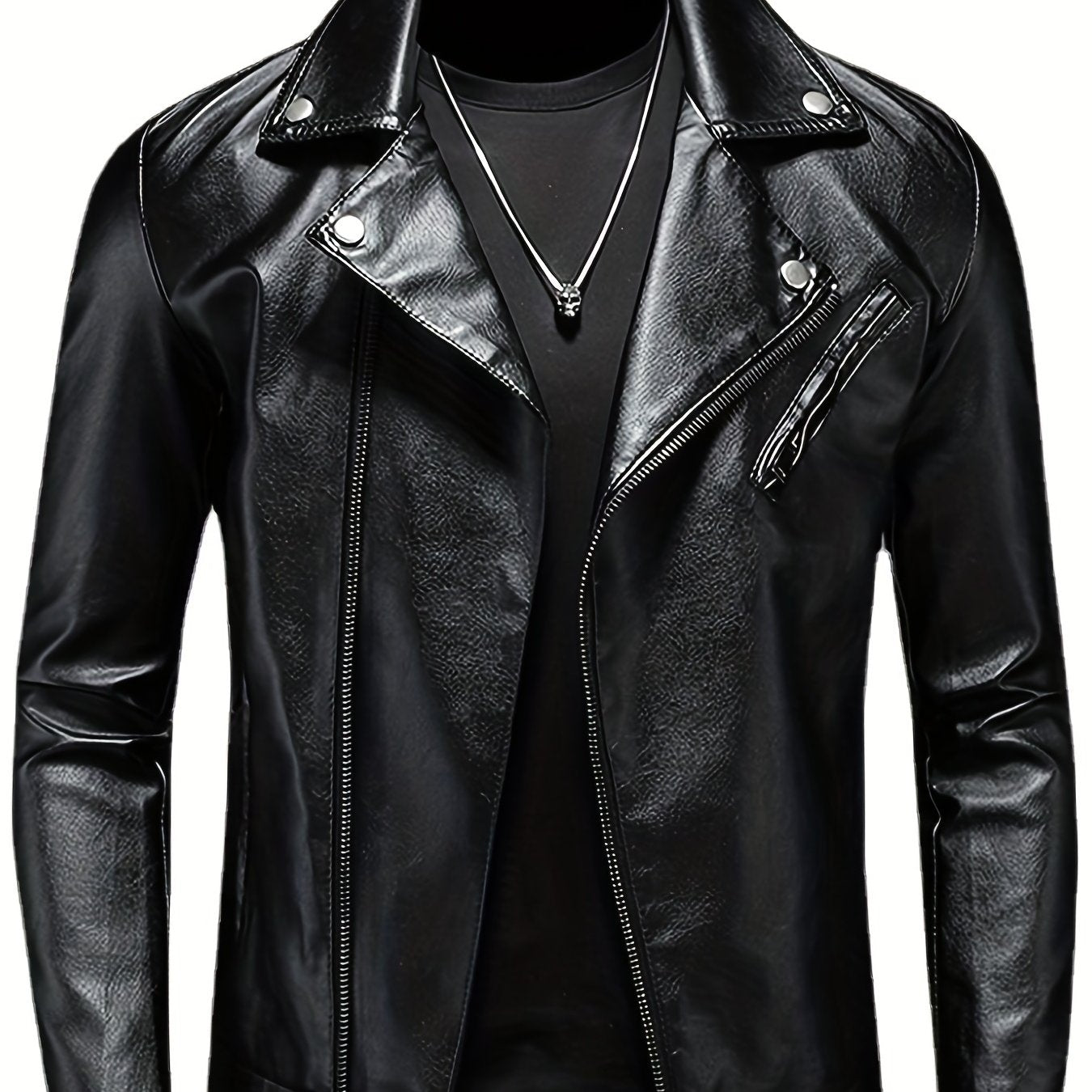 PU Biker Jacket Men's Casual Solid Zip Up Lapel Faux Leather Jacket
