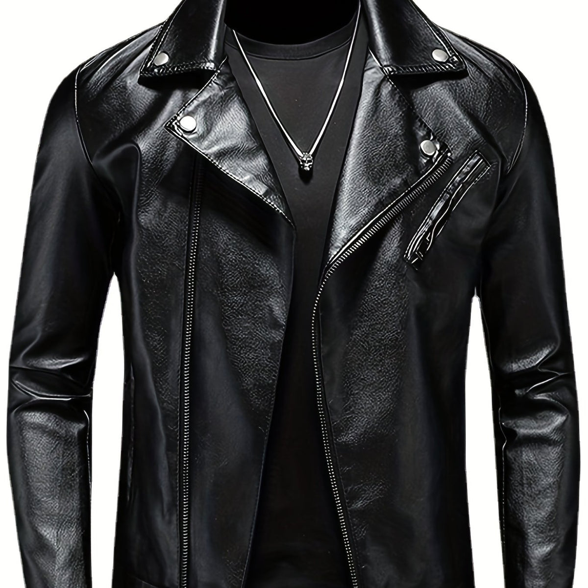 PU Biker Jacket Men's Casual Solid Zip Up Lapel Faux Leather Jacket