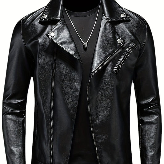PU Biker Jacket Men's Casual Solid Zip Up Lapel Faux Leather Jacket