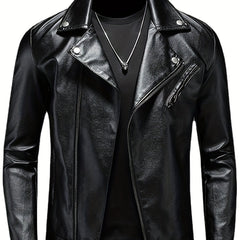 PU Biker Jacket Men's Casual Solid Zip Up Lapel Faux Leather Jacket