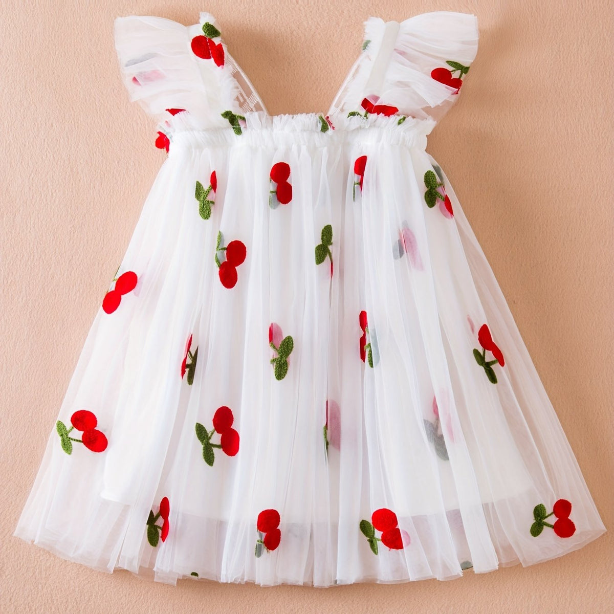 Toddler Girls Cherry Embroidery Mesh Puffy Dress