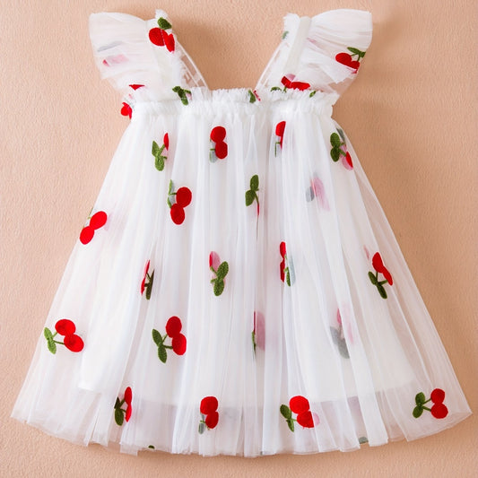 Toddler Girls Cherry Embroidery Mesh Puffy Dress