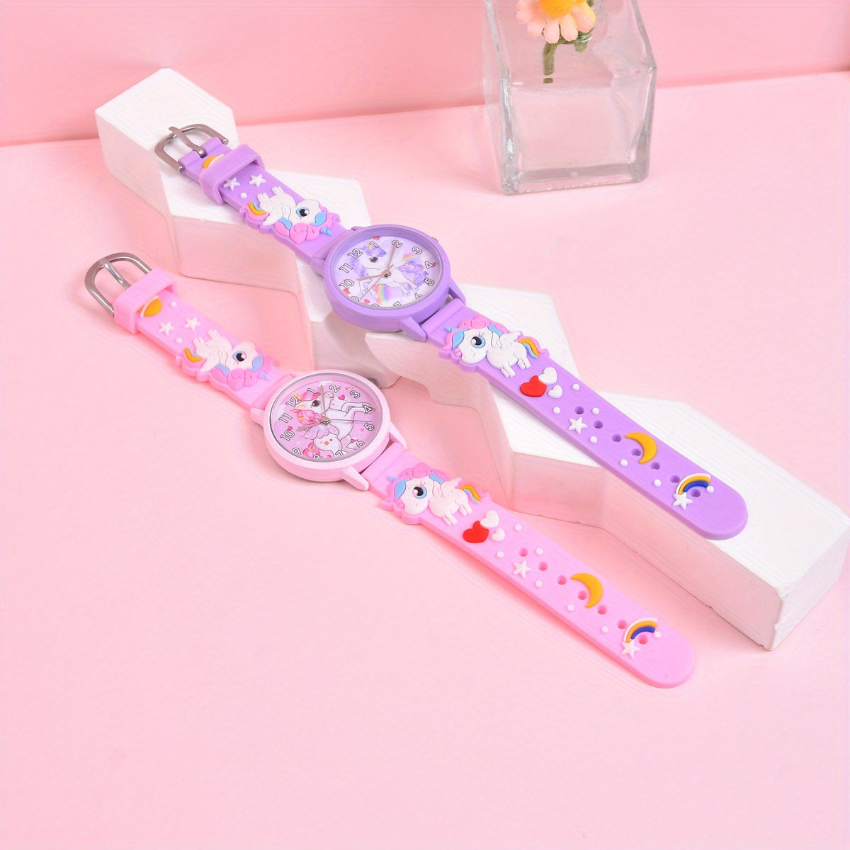 Girls' Unicorn Watch & Bracelet Set - Cute Animal Pattern Silicone Strap