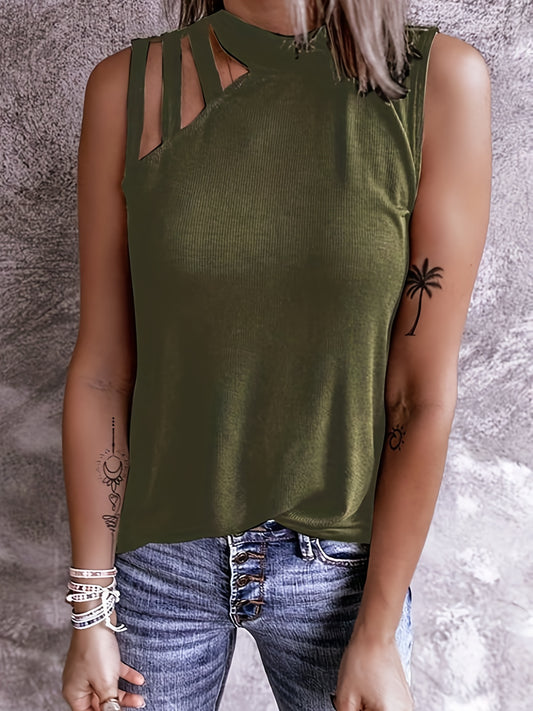 Solid Ribbed Cut Out Mock Neck Tank Top