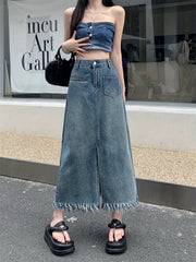 Fringe Trim Denim Maxi Skirt Straight Split Denim Skirt