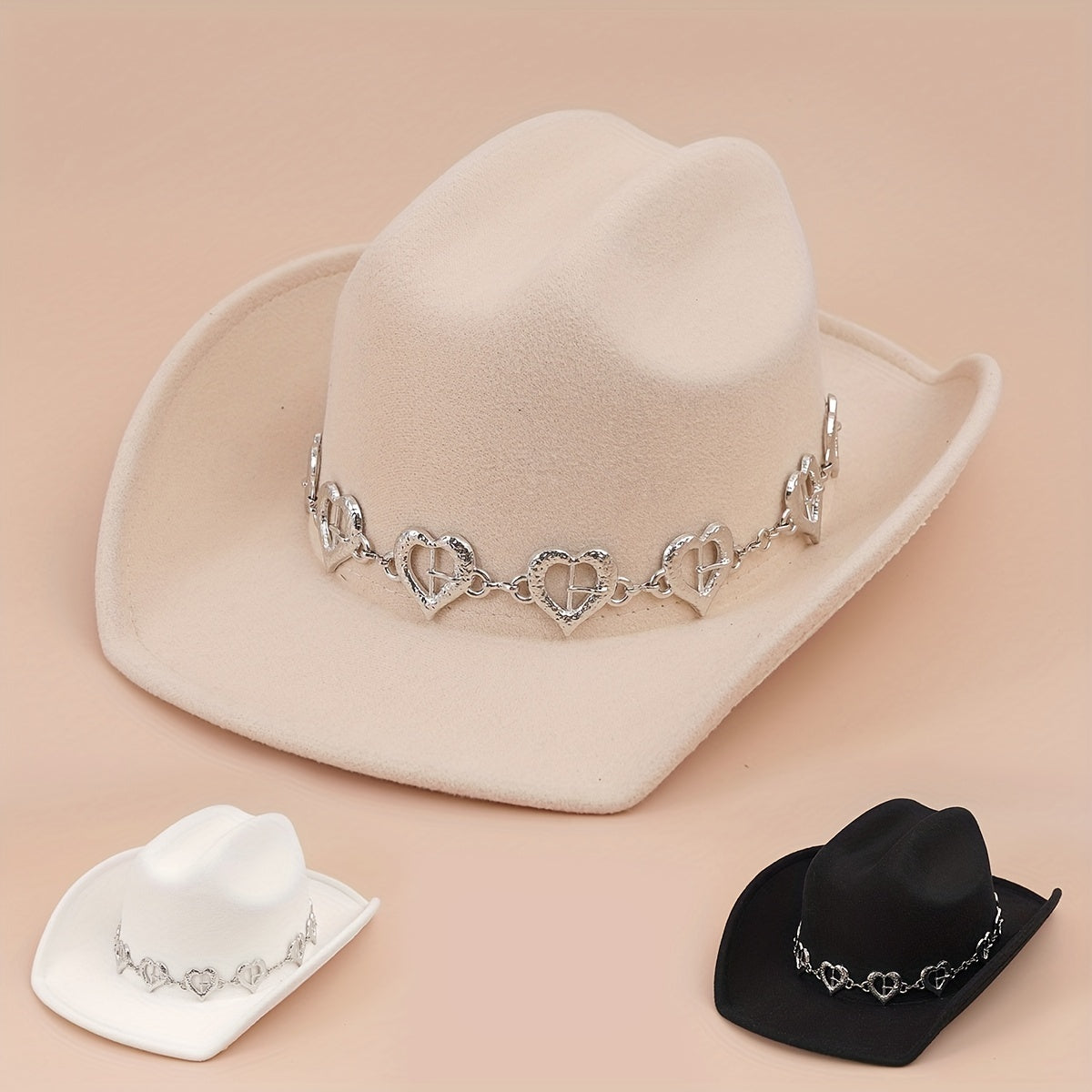 Fedora Cap Heart Chain Decor Western Cowboy Hat Warm Jazz Couple Felt Hats