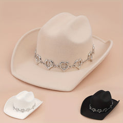 Silvery Oval Heart Stone Iron Chain Decor Cowboy Hat