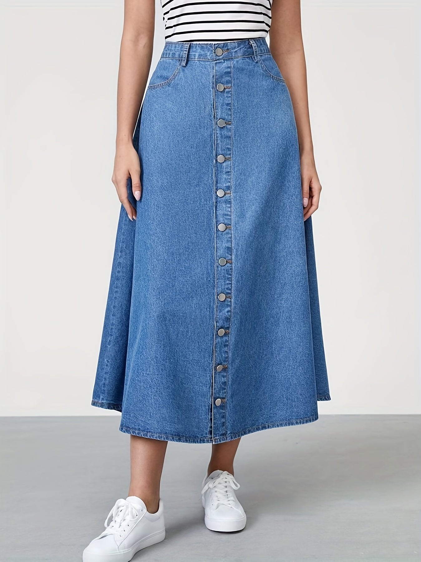 Denim Maxi Skirt Button Front Women's Clothing