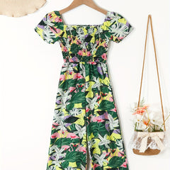 Toddler Girls Flowers Puff Sleeve Rompers Wide Leg Jumpsuits
