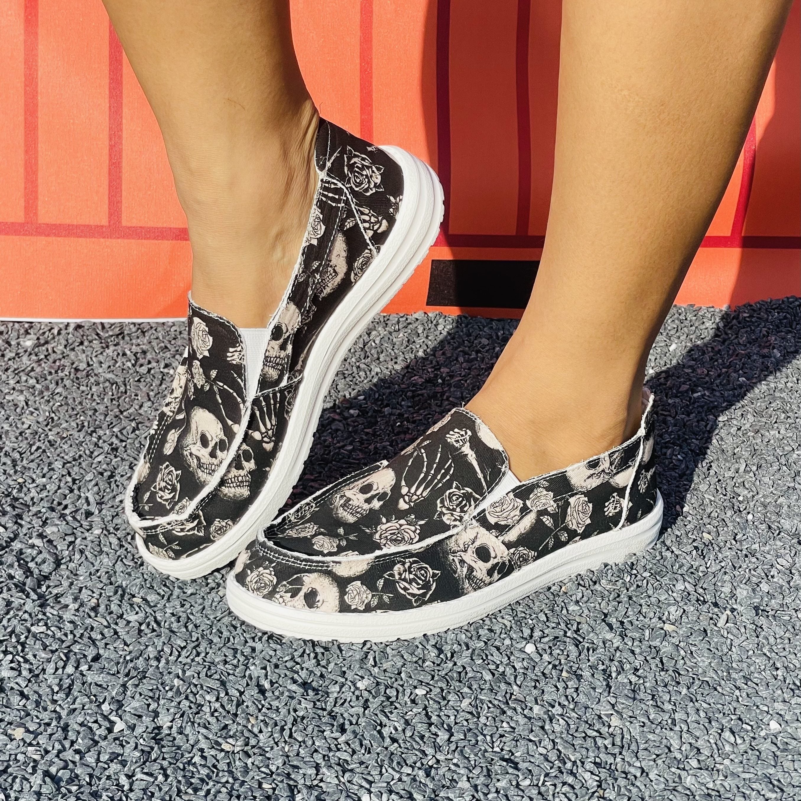 Floral & Skull Slip On Canvas Shoes Halloween Loafers