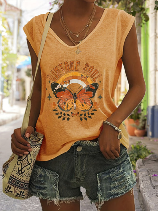 Butterfly Print Tank Top Sleeveless V Neck Casual Top