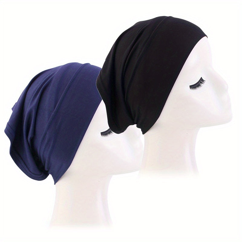 2pcs Soft Elastic Inner Cap Lightweight Head Wrap Soft Underscarf Beanie Cap