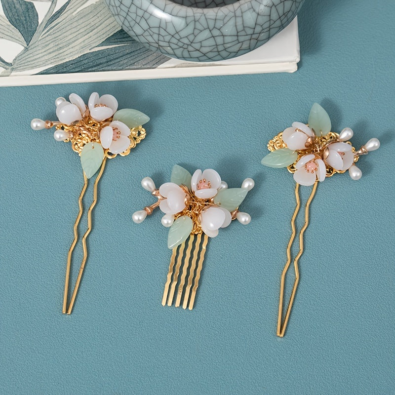 Vintage Faux Pearl Flower Hair Clip U Shaped Hairpin