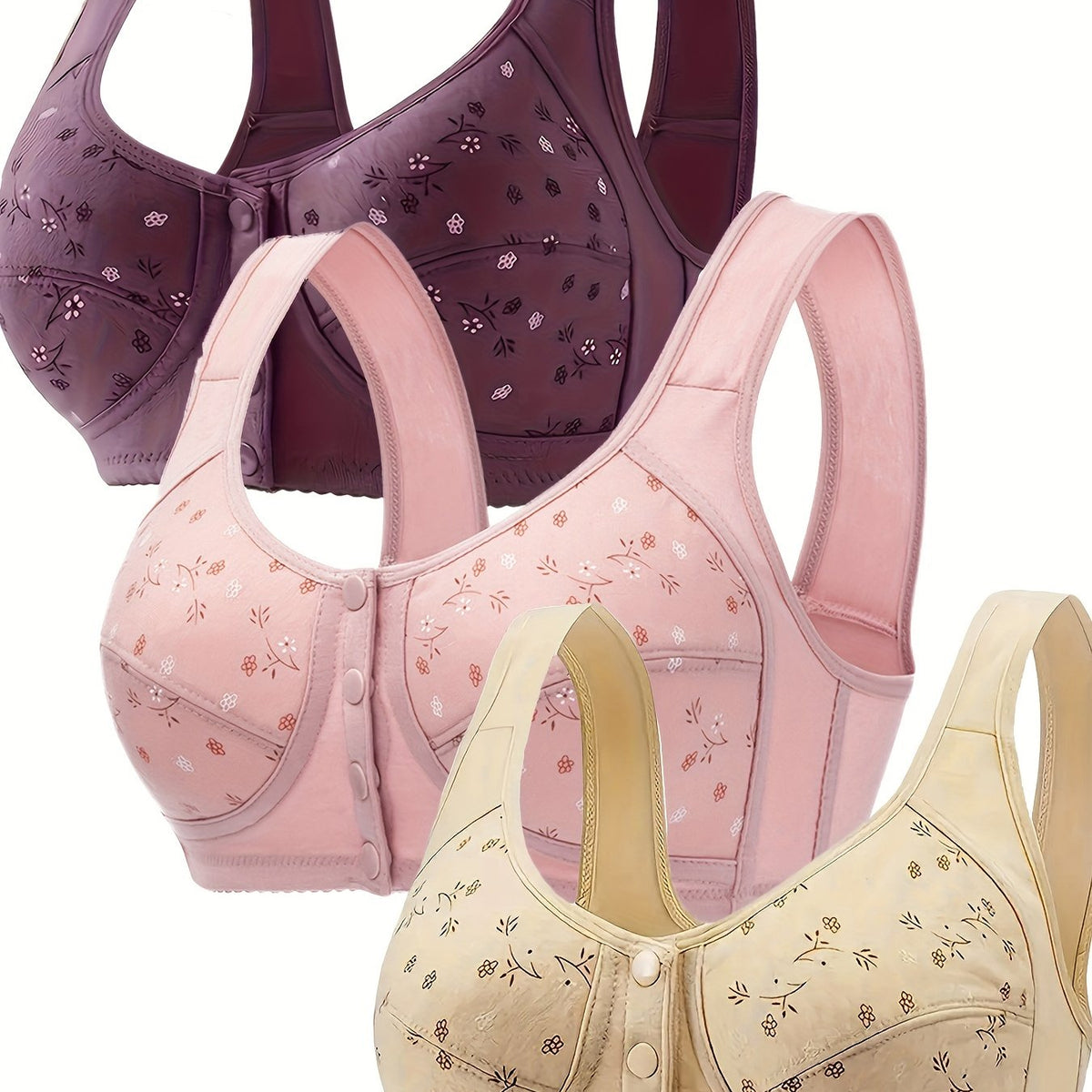 Floral Print Wireless Bra Front Buckle Push Up Bra Women's Lingerie