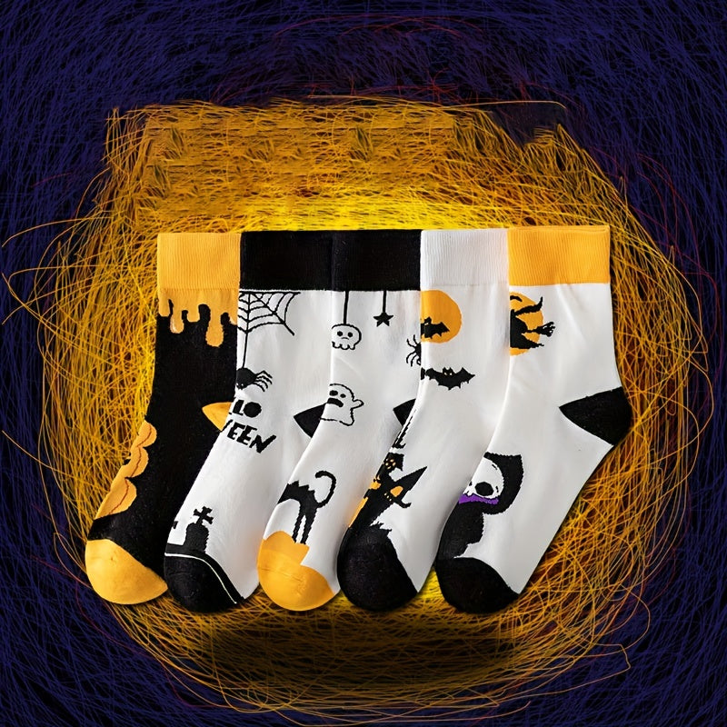 5 Pairs Pumpkin & Skull Print Halloween Socks Women's Stockings