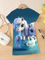 3D Pony Graphic Short Sleeve Dress Girls Summer Clothes