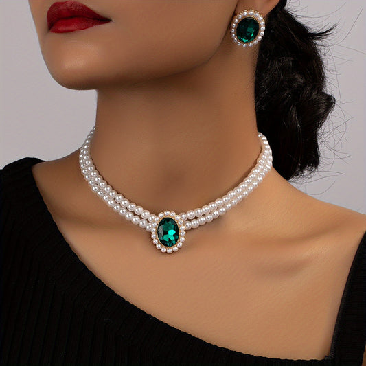 Vintage Emerald Stud Earrings & Faux Pearl Choker Necklace Set