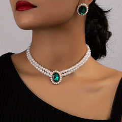 Vintage Emerald Stud Earrings & Faux Pearl Choker Necklace Set
