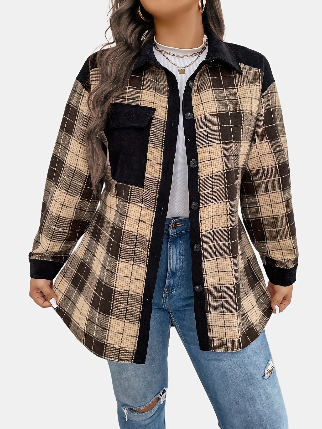  Colorblock Plaid Print Button Up Long Sleeve Shirt Coat