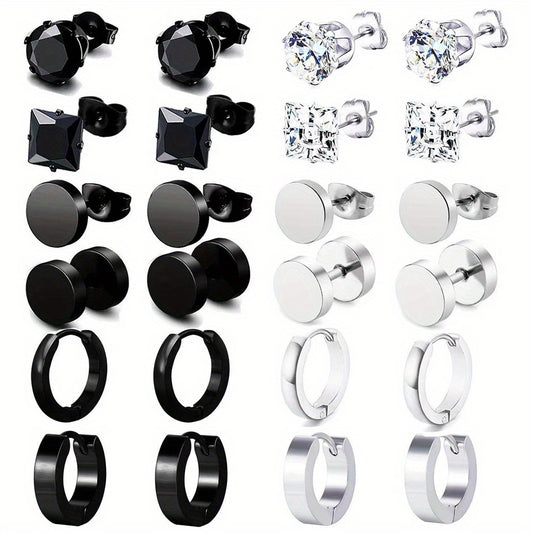 12pairs Steel Ear Studs Unisex Earrings Men Women