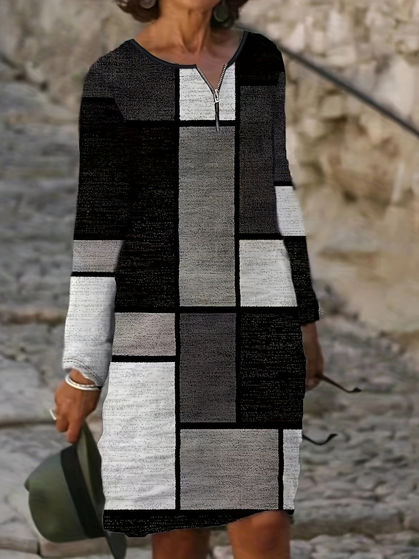  Patchwork Print Long Sleeve Dress