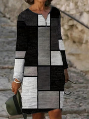  Patchwork Print Long Sleeve Dress