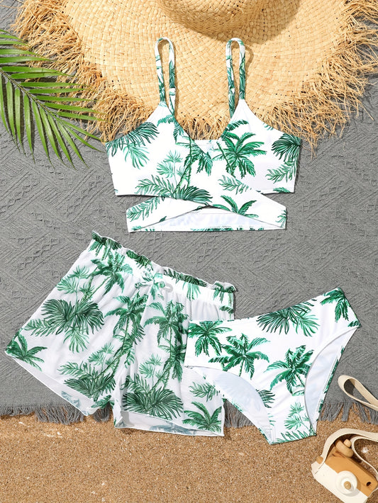 Girls 3pcs Split Bikini Swimsuit Tropical Leaf Pattern Casual Vacation Swimwear