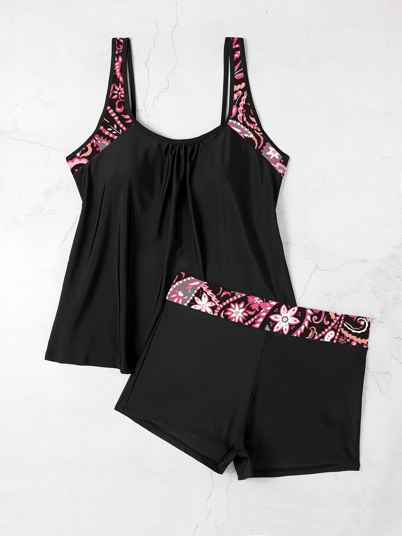  Floral Tankini Set Split Strap Top & Shorts Two Piece