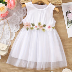 Girls Flower Decor Sleeveless Mesh Princess Dress Summer Kids Clothes