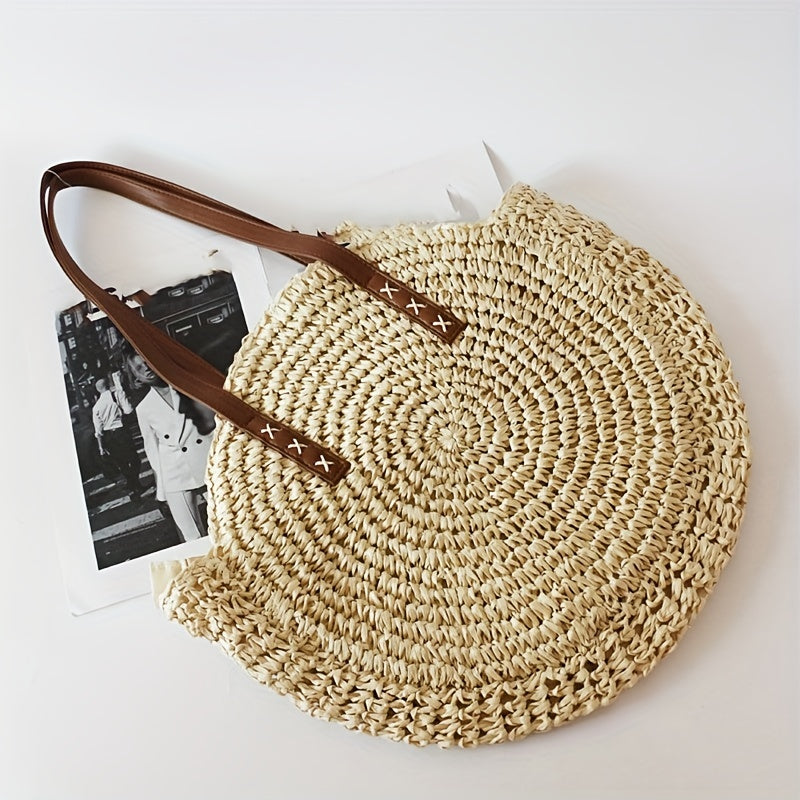 Boho Round Straw Shoulder Bag for Women